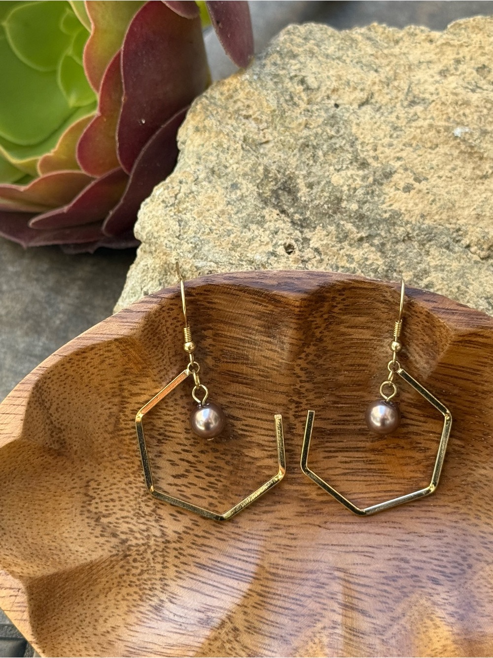 Gold Hexagon Hoop Earrings with Champagne Pearl Drop